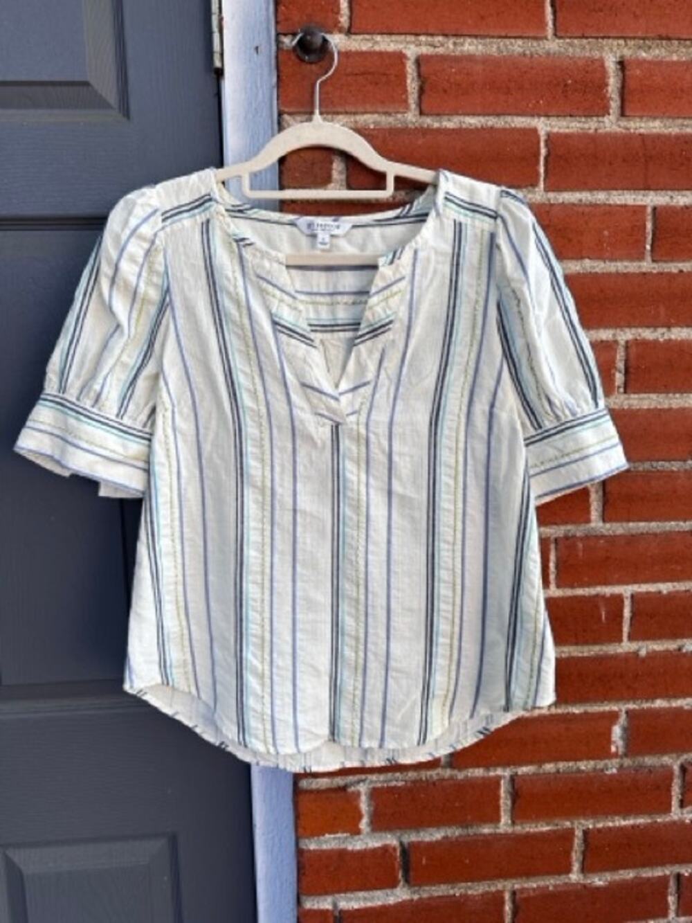 Liverpool Los Angeles Cotton Stripe Top Size S Woven Puff Sleeve Boho